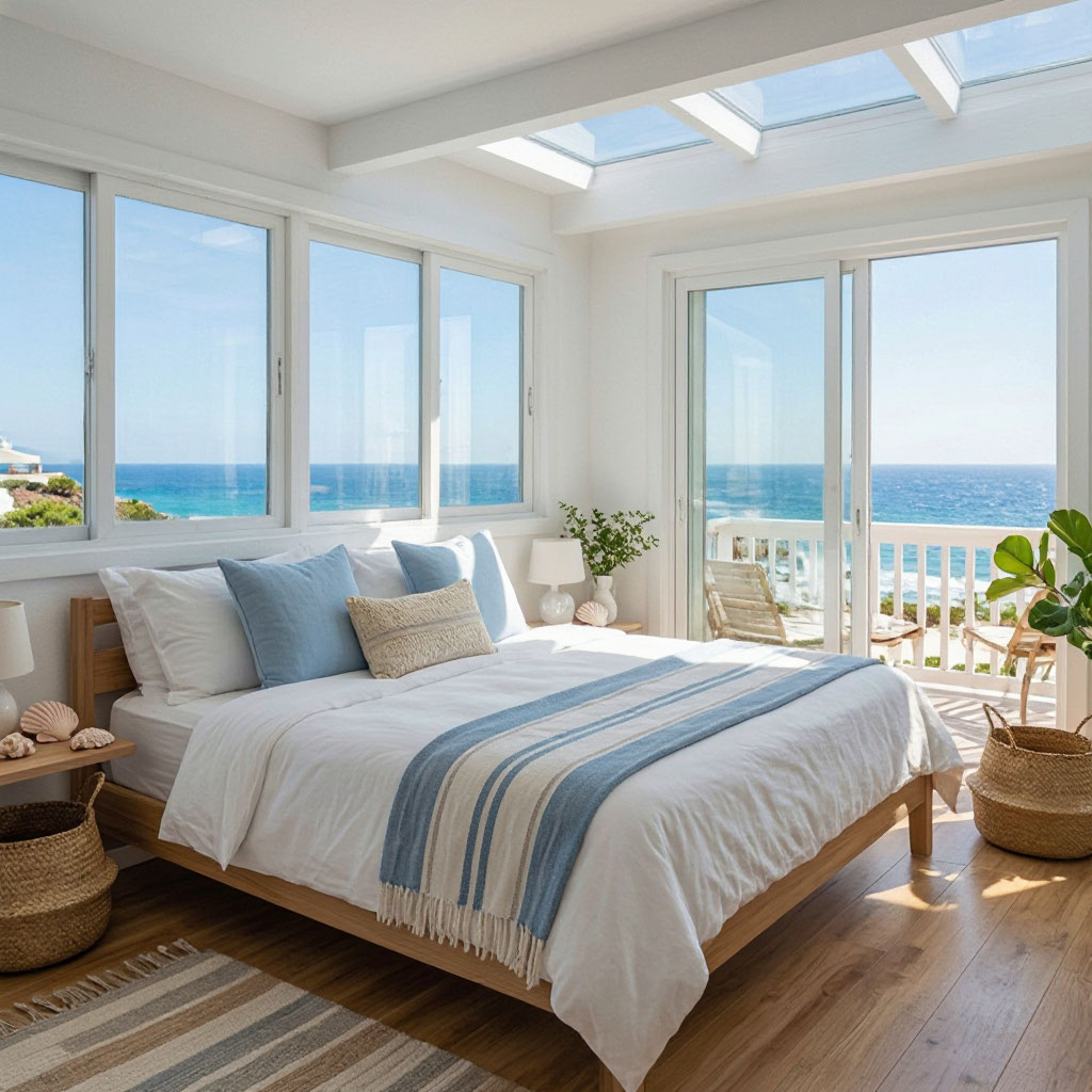 Bright Airbnb bedroom with coastal decor