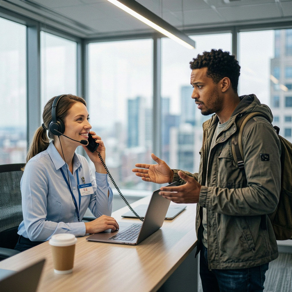 Guest support specialist on a call with a traveler