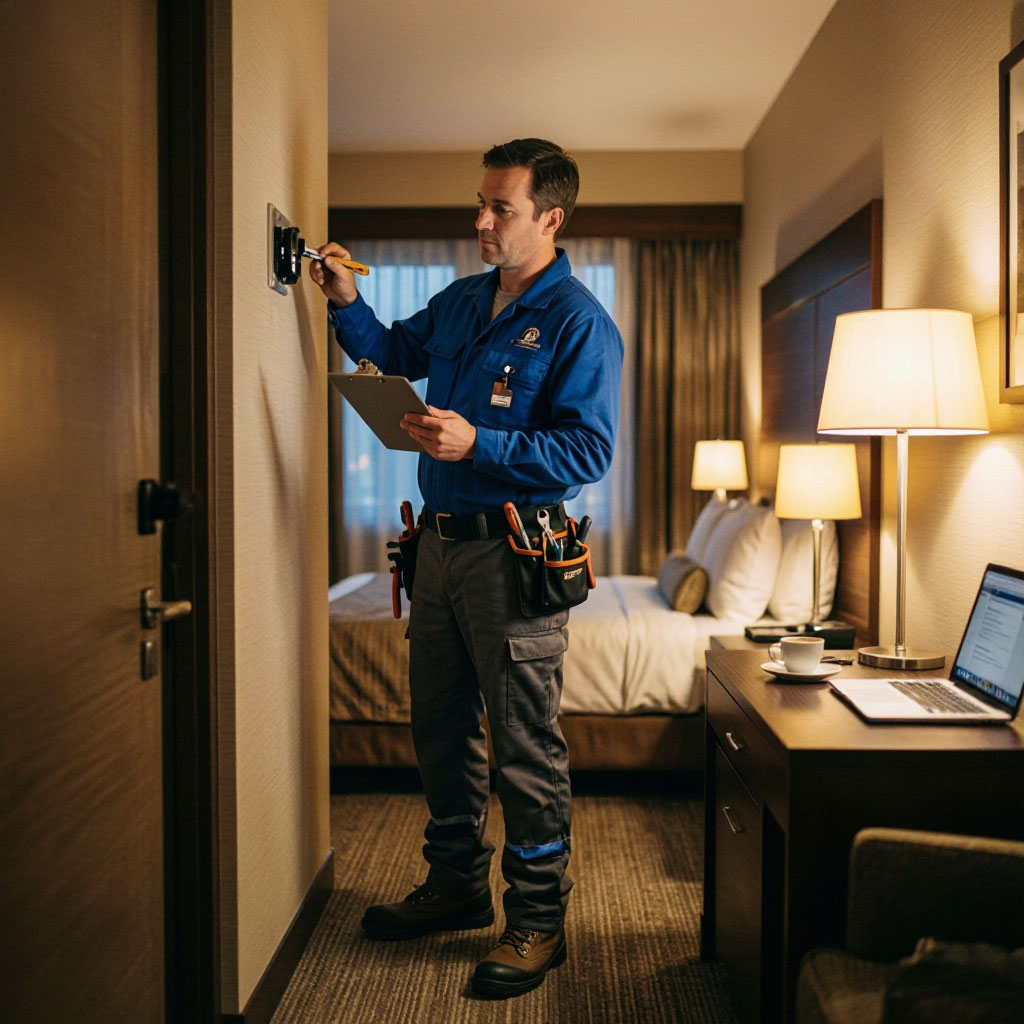 Technician responding to a mid-stay maintenance request