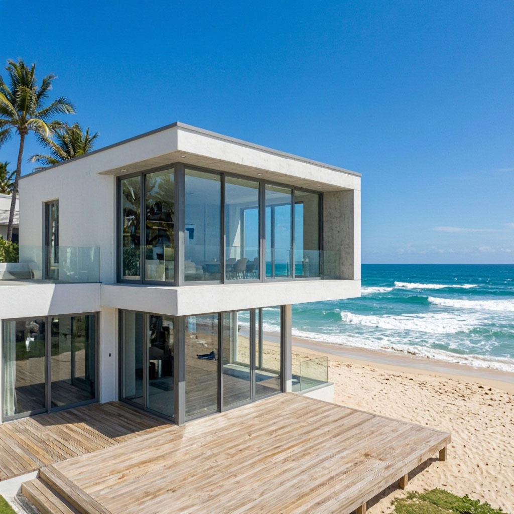 Contemporary beach house with large windows